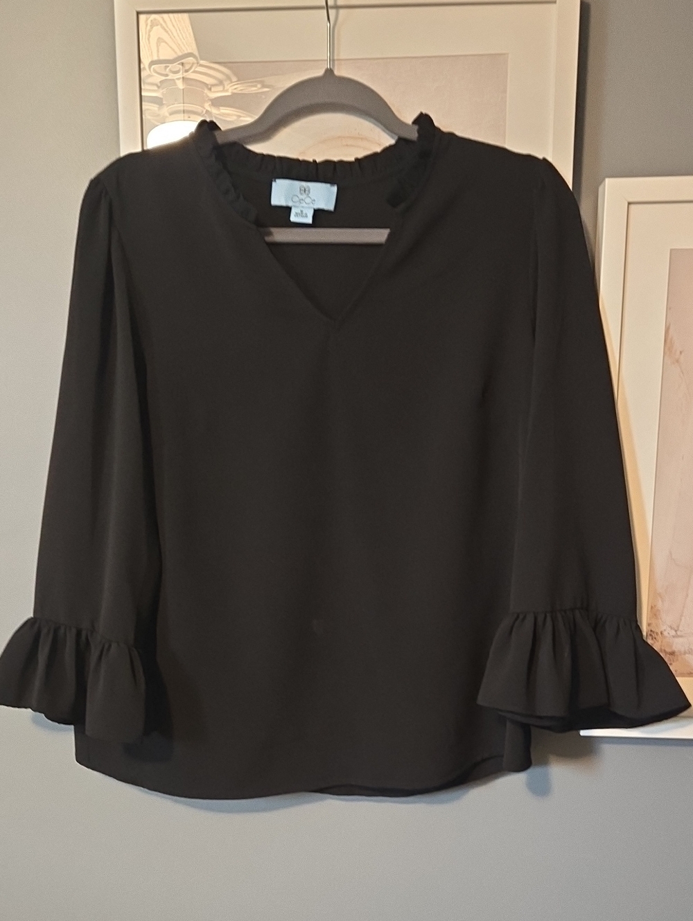 CeCe Black Ruffle-Neck Puff Sleeve Blouse